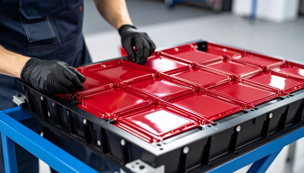 Umpacken Batteriezellen: Worker sortiert Batteriezellen und Module für E-Fahrzeuge in einen Träger ein, mit Abdeckung