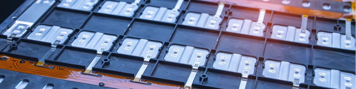 Close-up von oben eines Batteriepacks mit Batteriemodulen Elektrofahrzeug